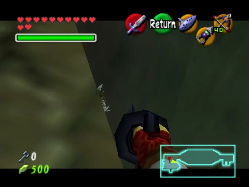 Link holding the Longshot in the bird statue pit area