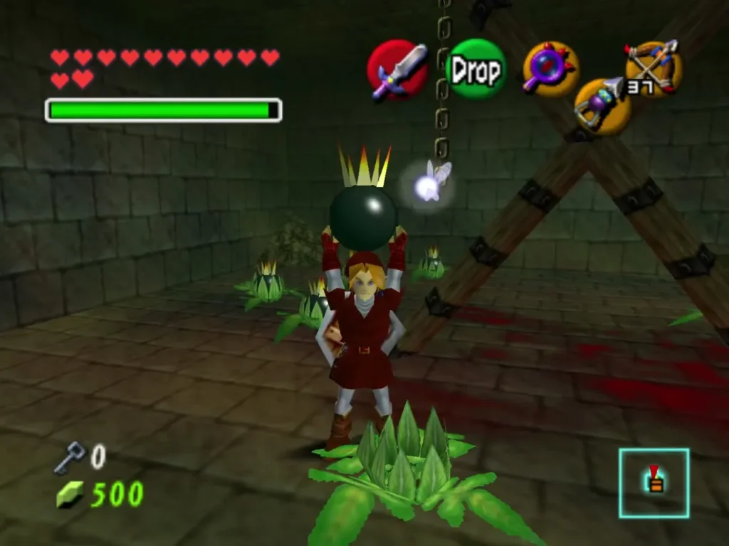 Link holding a bomb flower above his head in the Shadow Temple maze