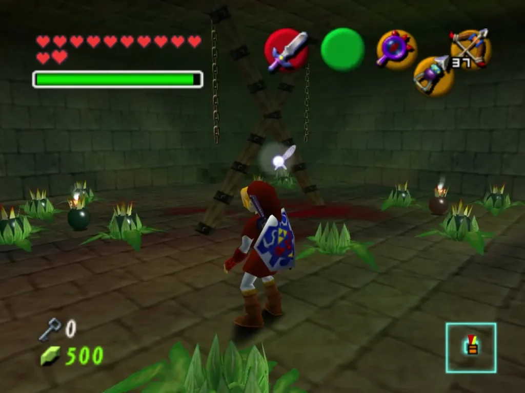 Link walking past wooden frames and bomb flowers in the maze room