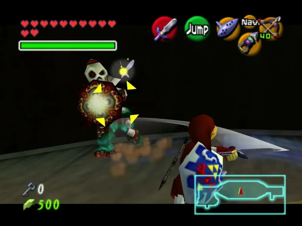 Link facing a shielded Stalfos on the sinking ship