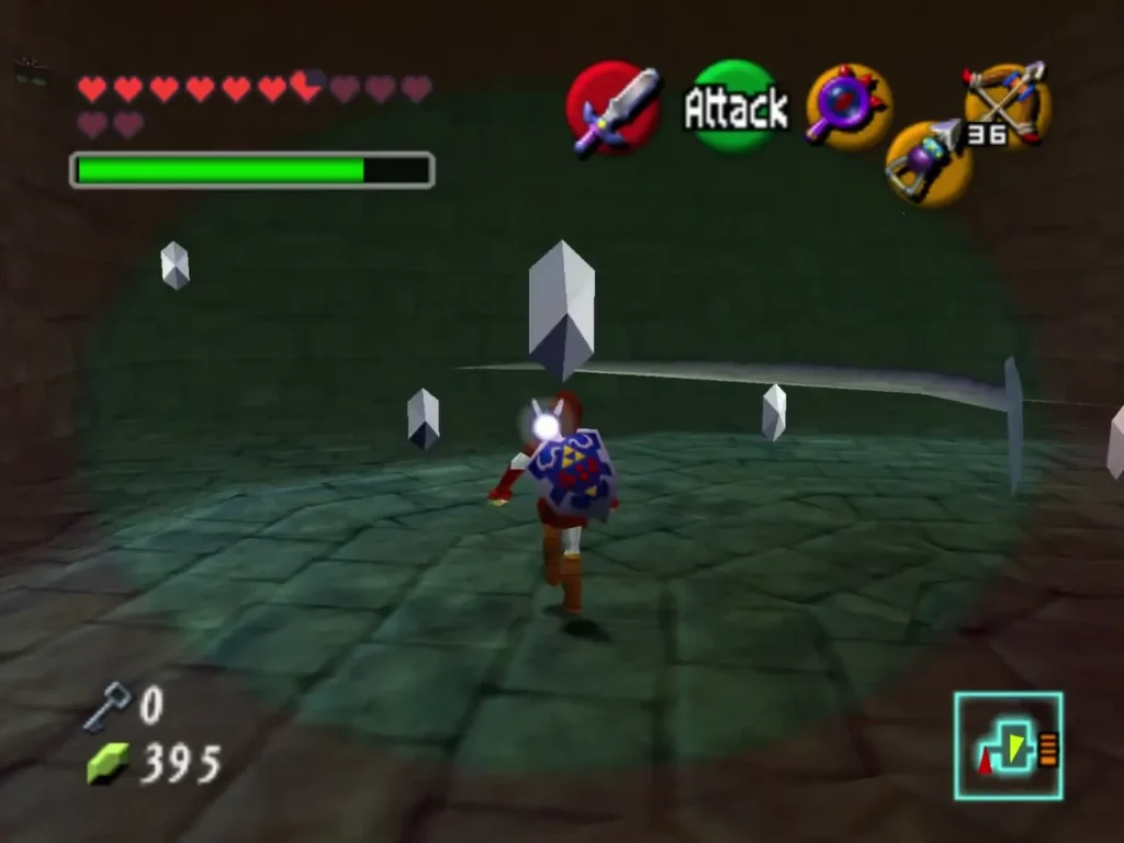 Link gathering silver rupees in the middle of the Shadow Temple room