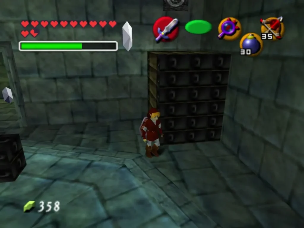 Link beside a stacked block wall in a stone room with silver rupees floating nearby