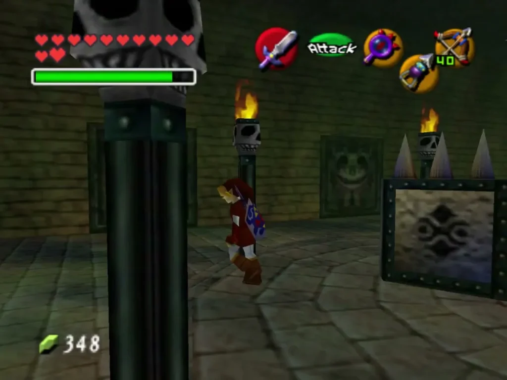 Link near a carved skull mural between flaming torches and skull pillars