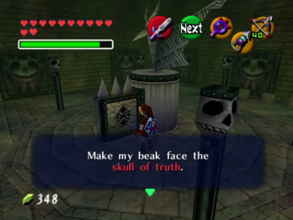 Link beside the beak statue and a message asking him to face the skull of truth