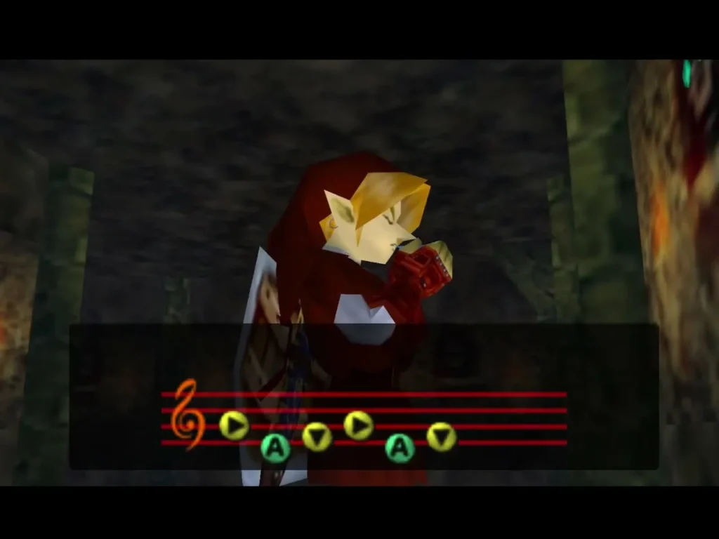 Adult Link playing an ocarina tune in a dim temple hall with the musical staff on screen