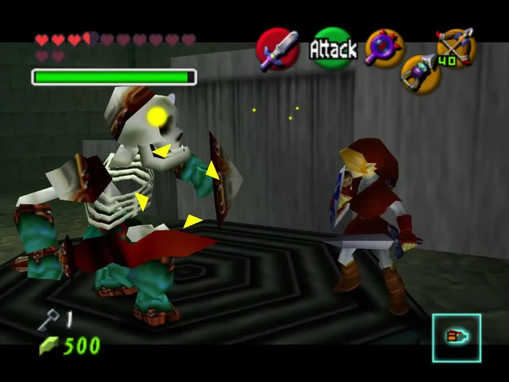 Link facing a Stalfos on the hexagon pad in Shadow Temple
