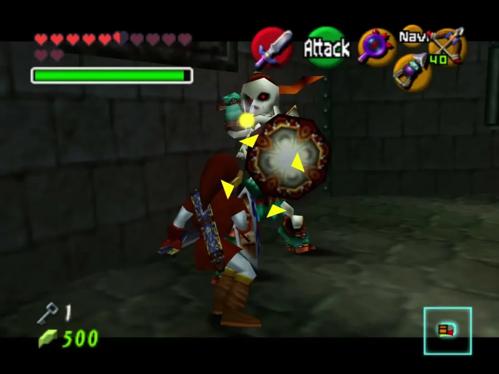Link fighting a shielded Stalfos with the Sword in Shadow Temple