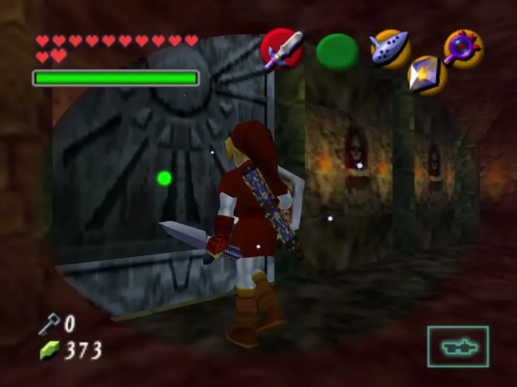 Link beside a carved stone block in a dim red-lit temple hall