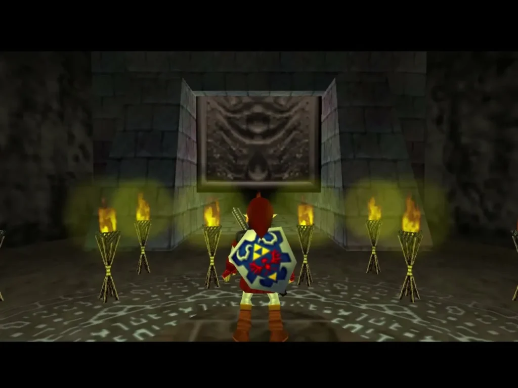 Link facing the temple gate at the end of the round chamber with every torch burning