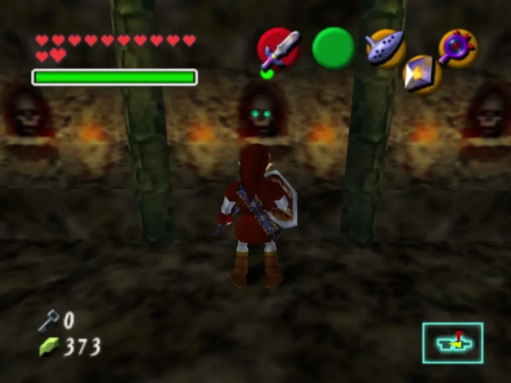Link facing three carved eye switches on a wall, the middle one glowing green