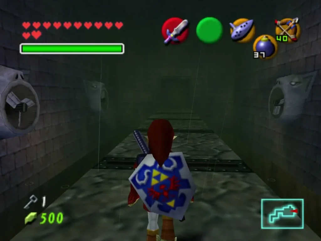 Link running down a Shadow Temple corridor between wind fans