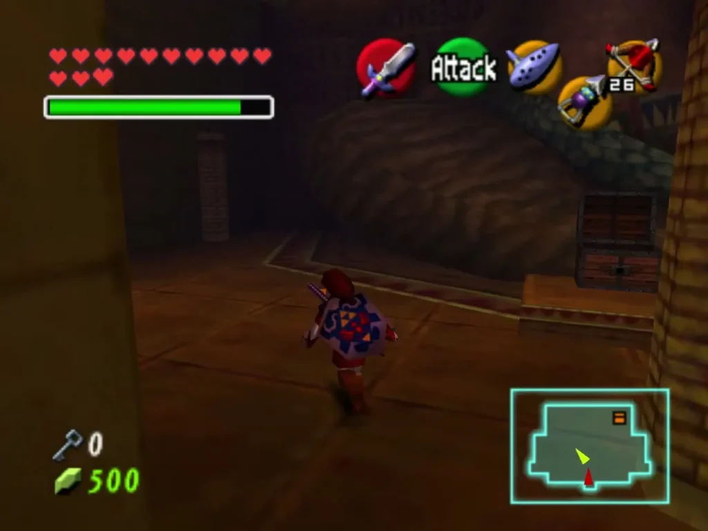 Adult Link walking through a Spirit Temple room with a chest and a brick pillar Adult Link walking through a Spirit Temple room with a chest and a brick pillar