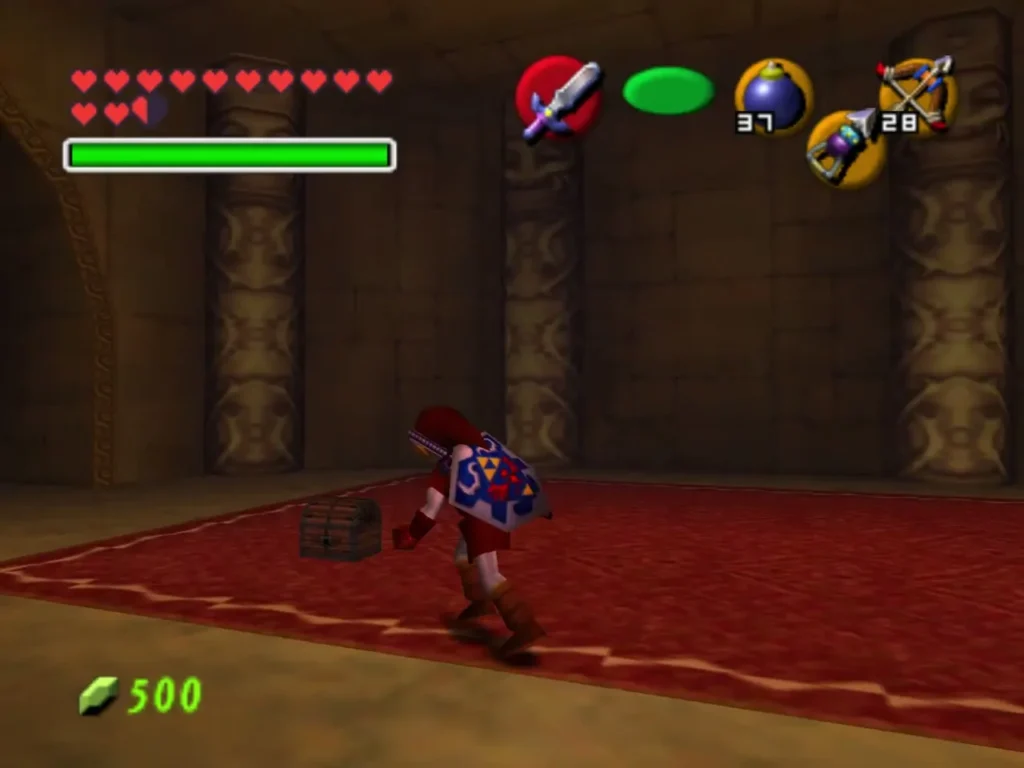 Adult Link crossing the red carpet in the entry hall with a chest nearby Adult Link crossing the red carpet in the entry hall with a chest nearby
