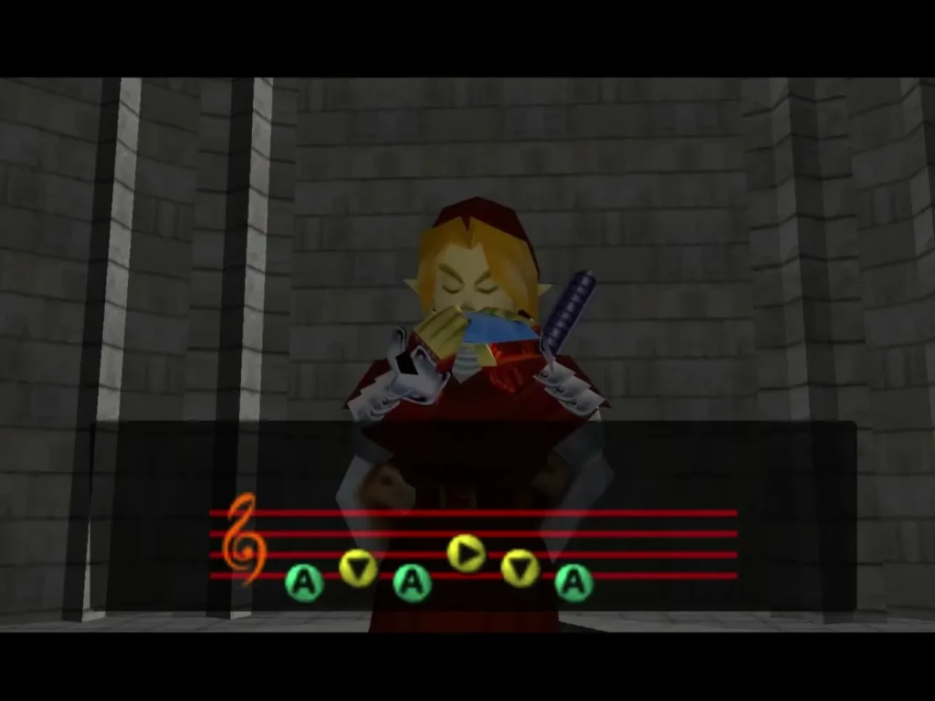 Adult Link playing the ocarina in the Temple of Time with the notes on the staff Adult Link playing the ocarina in the Temple of Time with the notes on the staff