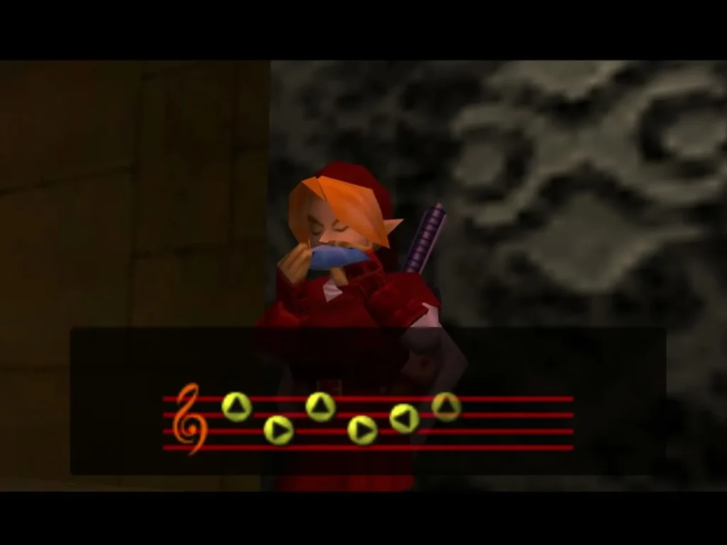 Adult Link playing an ocarina song in the Spirit Temple Adult Link playing an ocarina song in the Spirit Temple