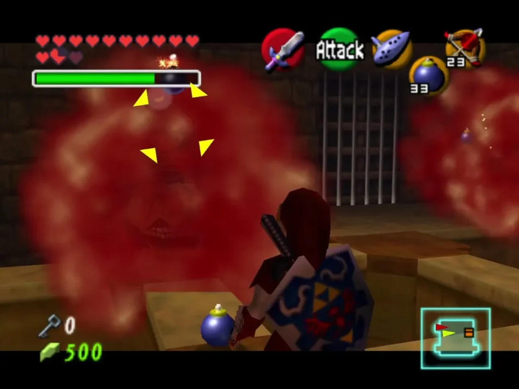 Bomb explosion as Link destroys one of the four Beamos statues in the room Bomb explosion as Link destroys one of the four Beamos statues in the room