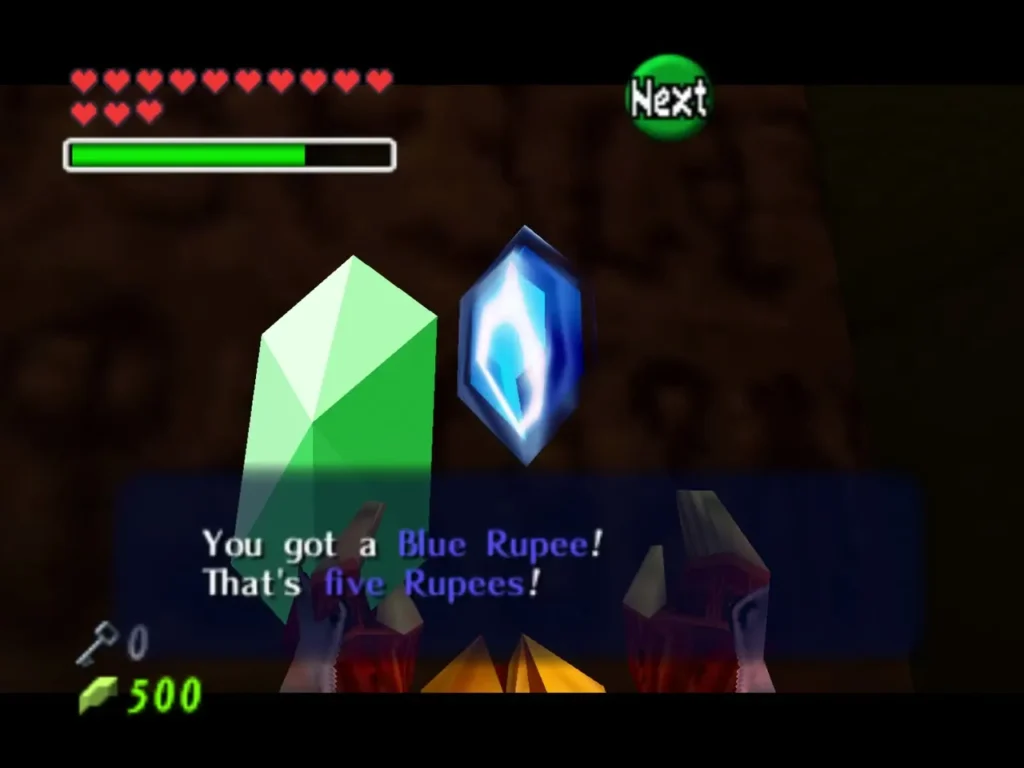 Link holding up a Blue Rupee, with the five Rupees name box Link holding up a Blue Rupee, with the five Rupees name box