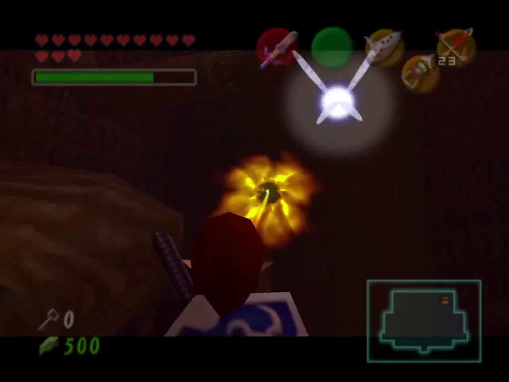 Adult Link beside a fiery blast in the Spirit Temple, with a fairy nearby Adult Link beside a fiery blast in the Spirit Temple, with a fairy nearby