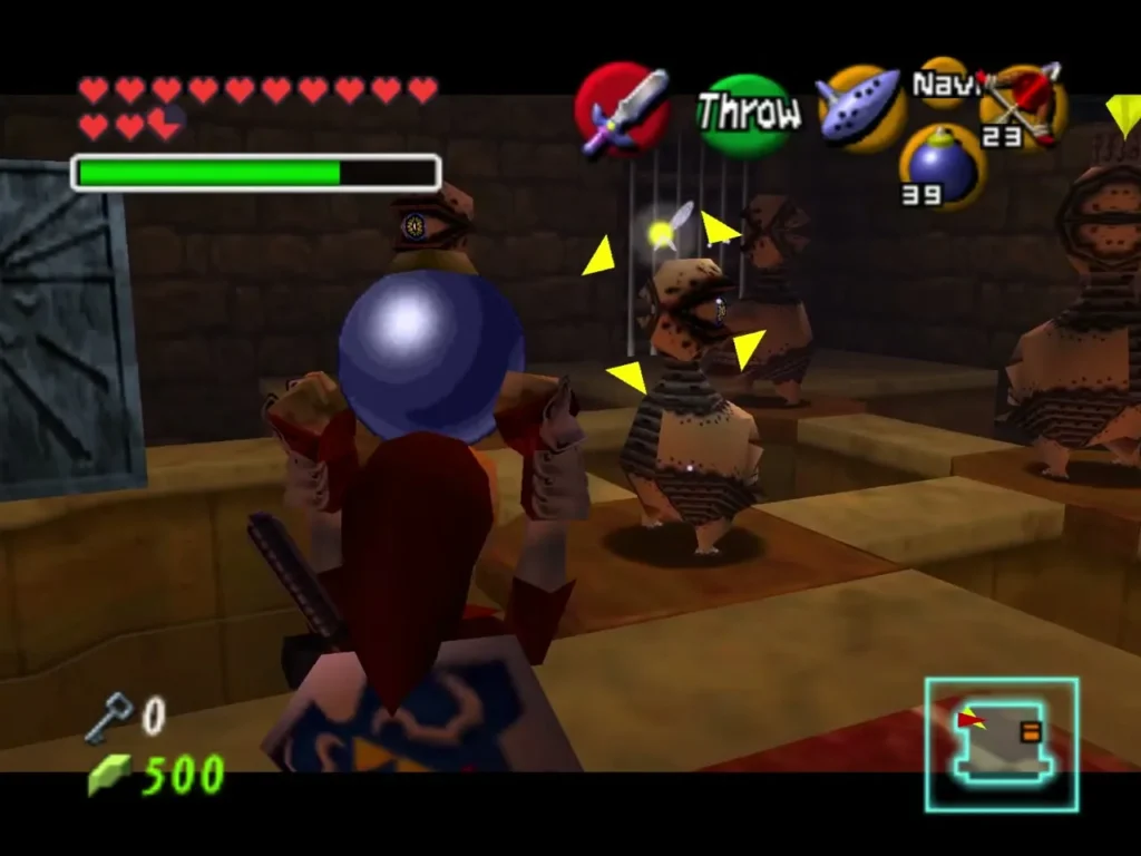 Adult Link throwing a bomb at a Beamos statue behind the cage bars Adult Link throwing a bomb at a Beamos statue behind the cage bars