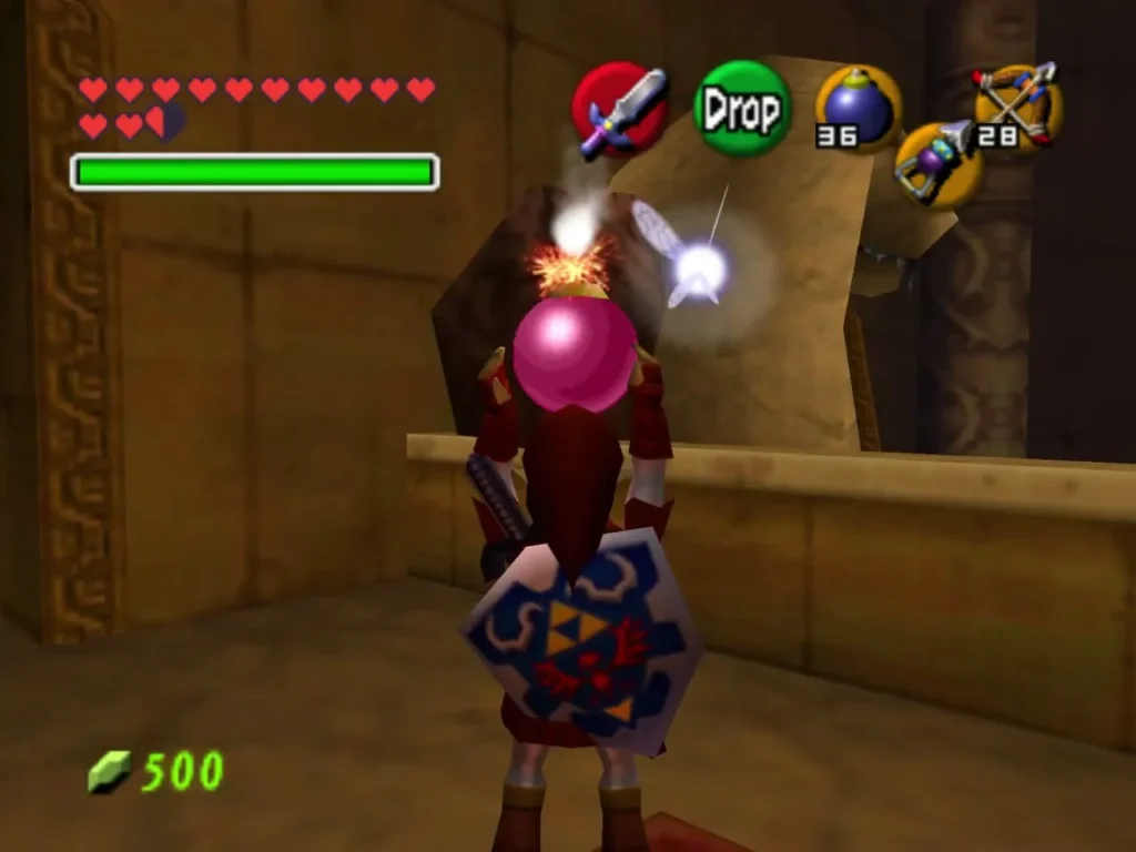 Link holding a Bombchu overhead beside the statue before placing it Link holding a Bombchu overhead beside the statue before placing it