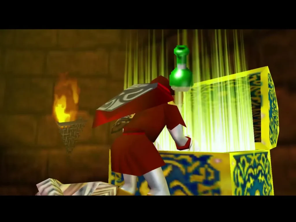 Adult Link opening the Boss Key chest, with light rising from it Adult Link opening the Boss Key chest, with light rising from it
