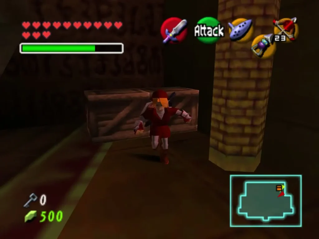 A chest appears beside a brick pillar as adult Link walks past it A chest appears beside a brick pillar as adult Link walks past it