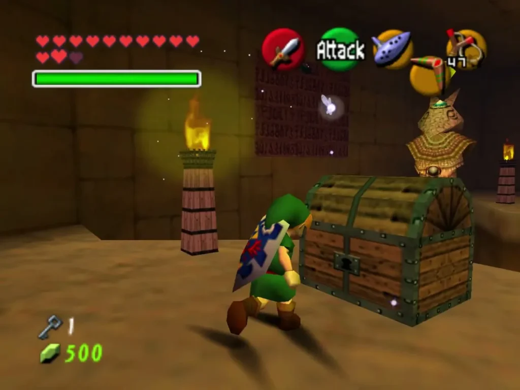 Link beside a large chest with a statue watching over it Link beside a large chest with a statue watching over it