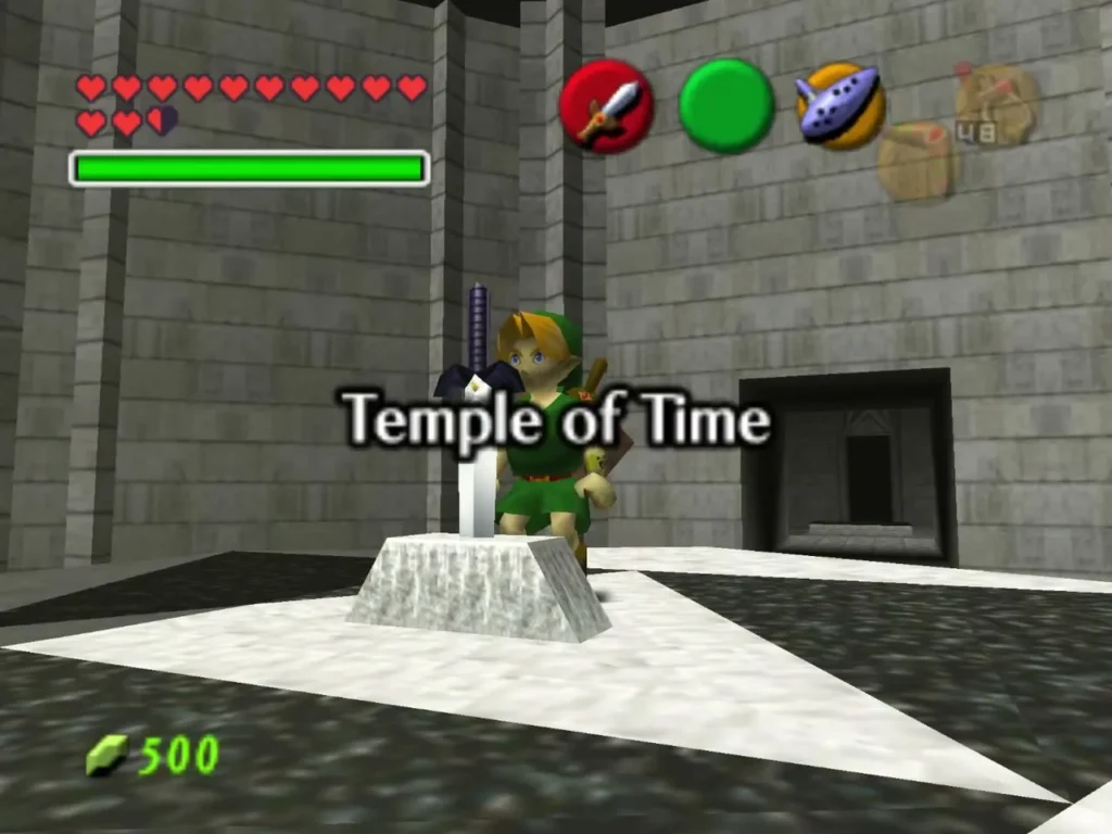 Child Link beside the Master Sword pedestal in the Temple of Time Child Link beside the Master Sword pedestal in the Temple of Time