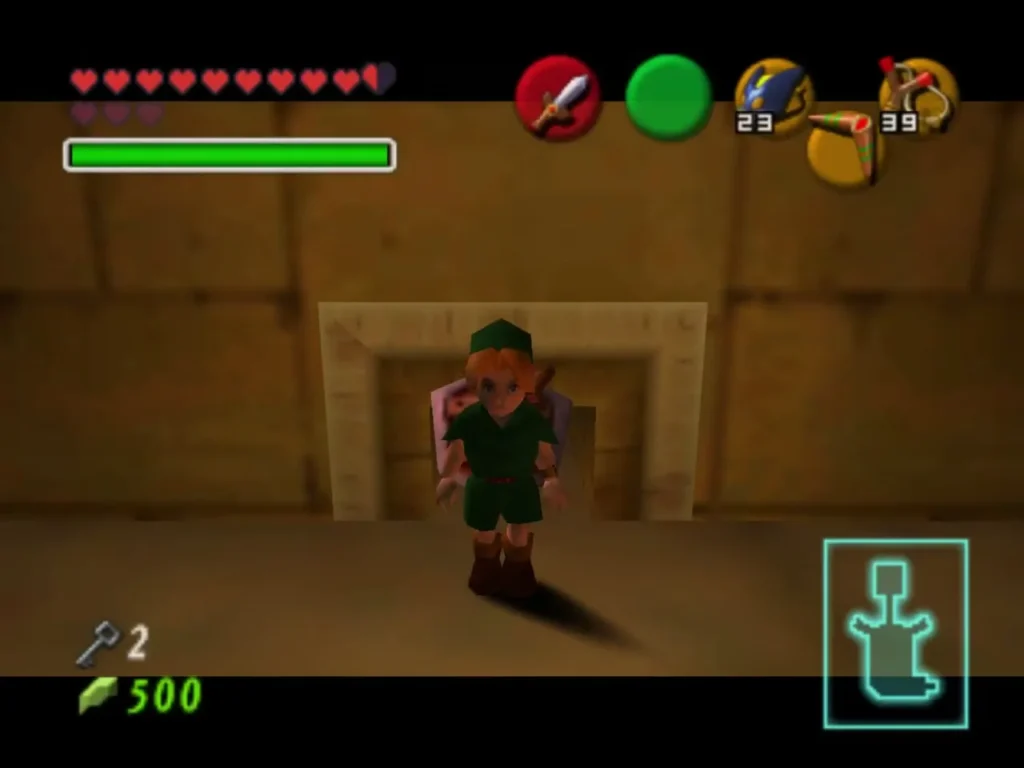 Child Link standing in an arched doorway with two Small Keys counted Child Link standing in an arched doorway with two Small Keys counted