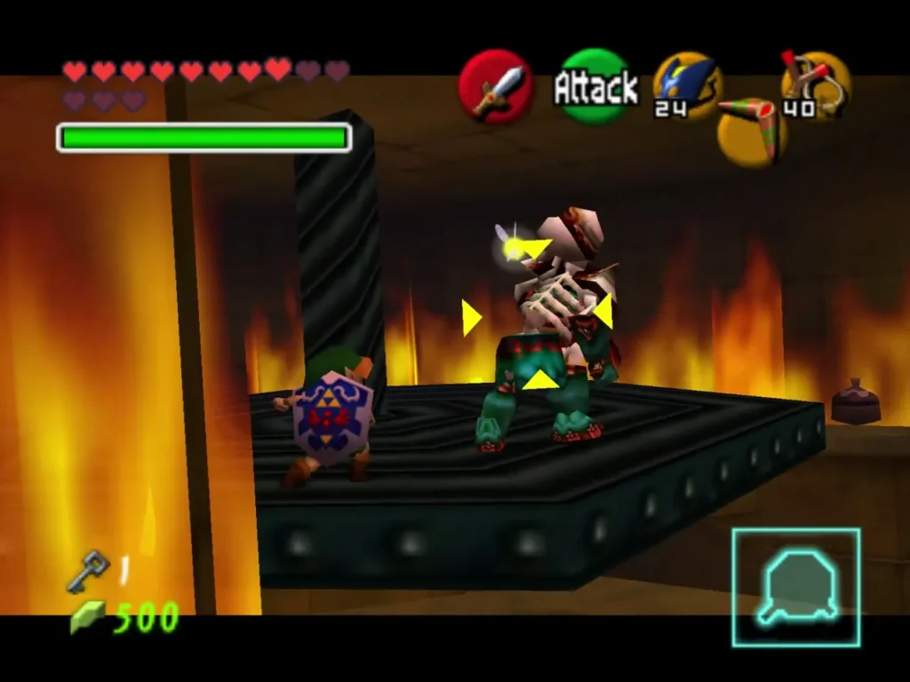 Child Link with a Hylian Shield beside a Stalfos on the platform Child Link with a Hylian Shield beside a Stalfos on the platform