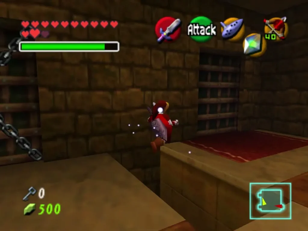 Adult Link on a stone ledge in a corridor with barred gates in the Spirit Temple Adult Link on a stone ledge in a corridor with barred gates in the Spirit Temple