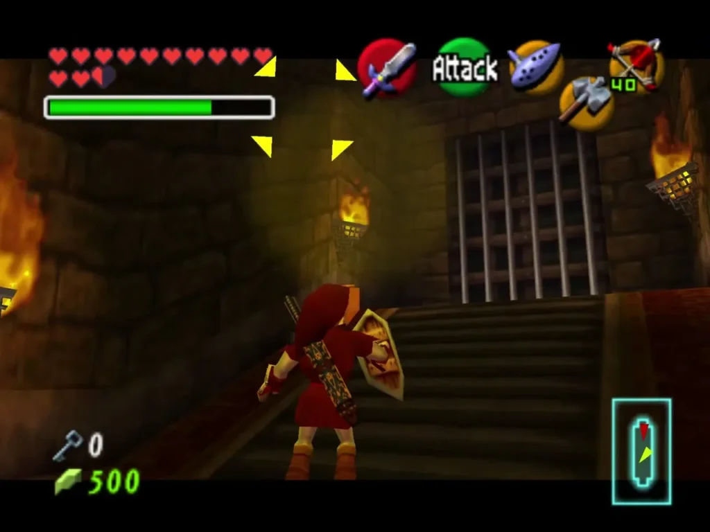Adult Link on torch-lit stairs in the Spirit Temple corridor, with enemy lock-on markers Adult Link on torch-lit stairs in the Spirit Temple corridor, with enemy lock-on markers