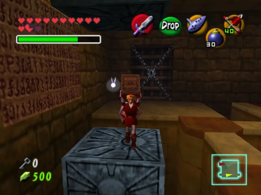Adult Link holding a wooden crate overhead while standing on a stone block Adult Link holding a wooden crate overhead while standing on a stone block