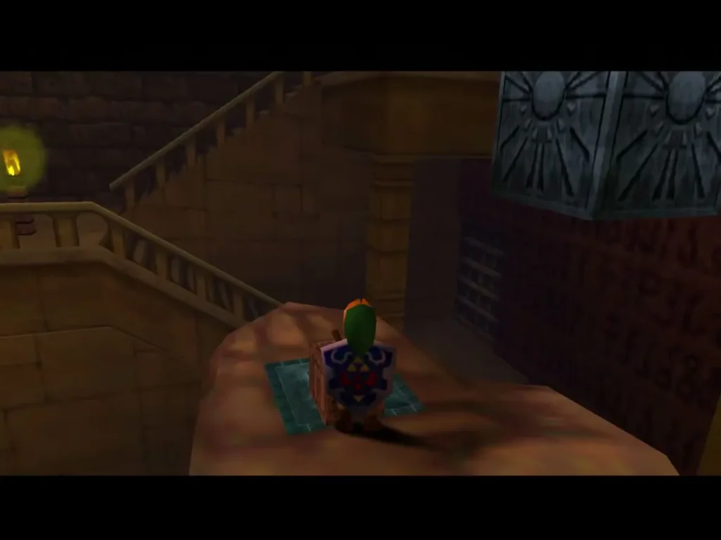 Link standing beside the crate placed on the teal floor switch Link standing beside the crate placed on the teal floor switch
