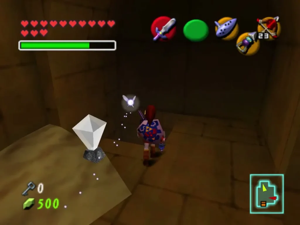 Adult Link beside a white crystal switch on a stone ledge in the Spirit Temple Adult Link beside a white crystal switch on a stone ledge in the Spirit Temple