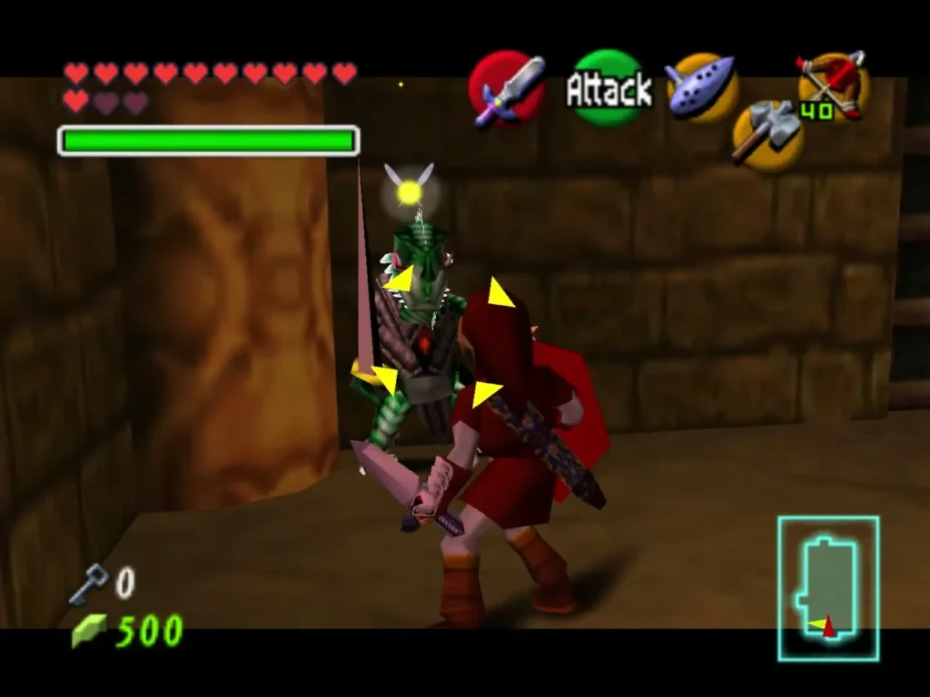 Adult Link fighting a Dinalfos beside a stone pillar in the Spirit Temple Adult Link fighting a Dinalfos beside a stone pillar in the Spirit Temple