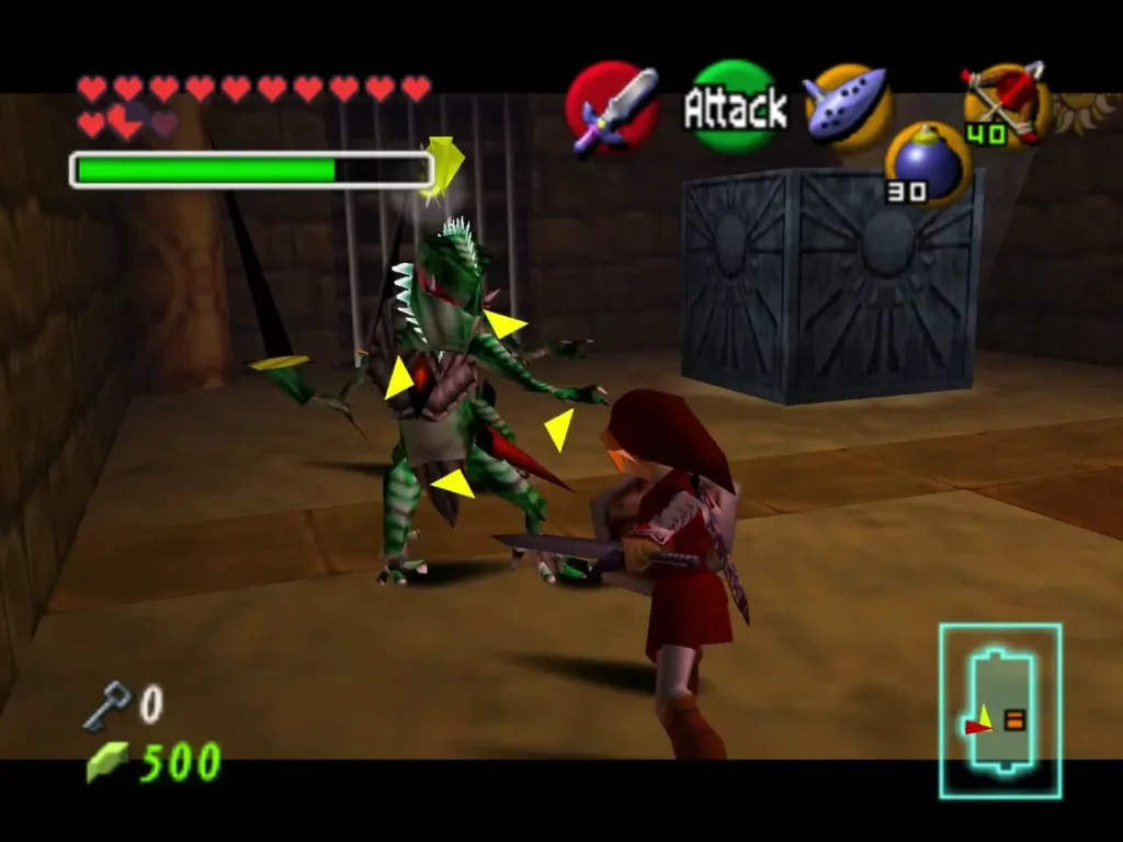 Adult Link facing a green Dinalfos beside the barred cage in the Spirit Temple Adult Link facing a green Dinalfos beside the barred cage in the Spirit Temple