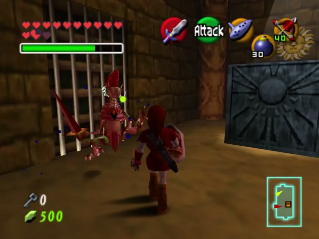 Adult Link slashing a pink Dinalfos in front of the cage bars Adult Link slashing a pink Dinalfos in front of the cage bars