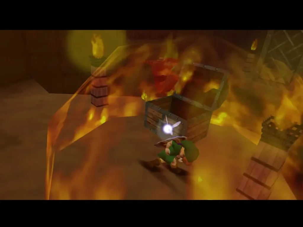 Din's Fire blazing around a chest and Link in the temple room Din's Fire blazing around a chest and Link in the temple room