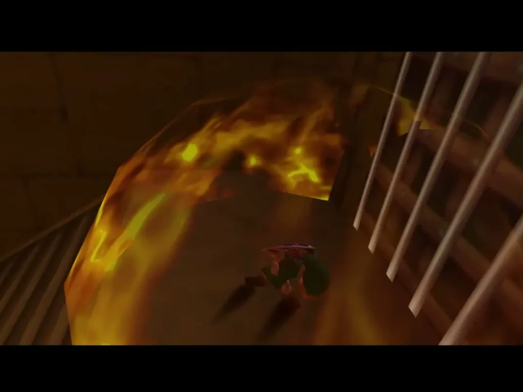 Din's Fire blazing in a corridor beside a barred gate Din's Fire blazing in a corridor beside a barred gate
