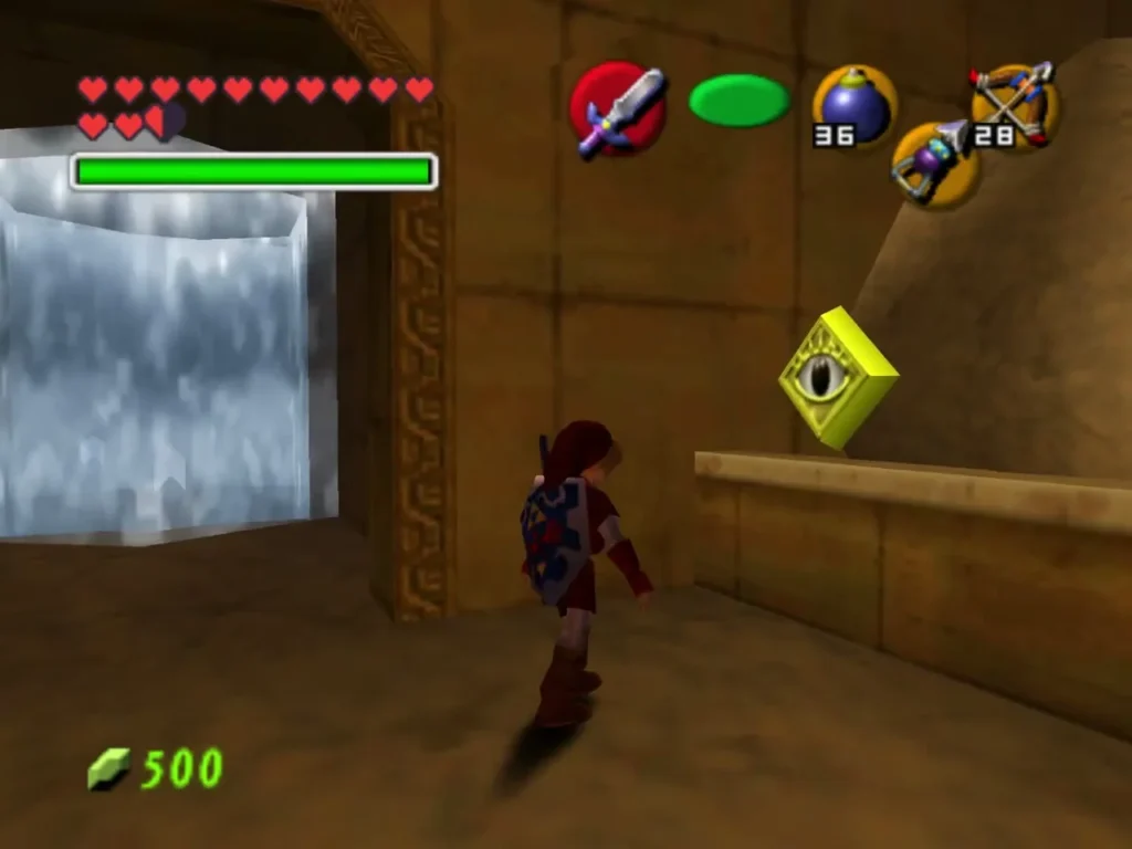 Adult Link facing a yellow eye switch on the wall above the boulder Adult Link facing a yellow eye switch on the wall above the boulder
