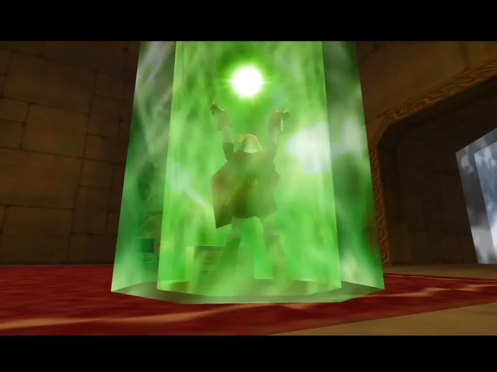 Link glowing green inside Farore's Wind as he warps back to the warp point Link glowing green inside Farore's Wind as he warps back to the warp point