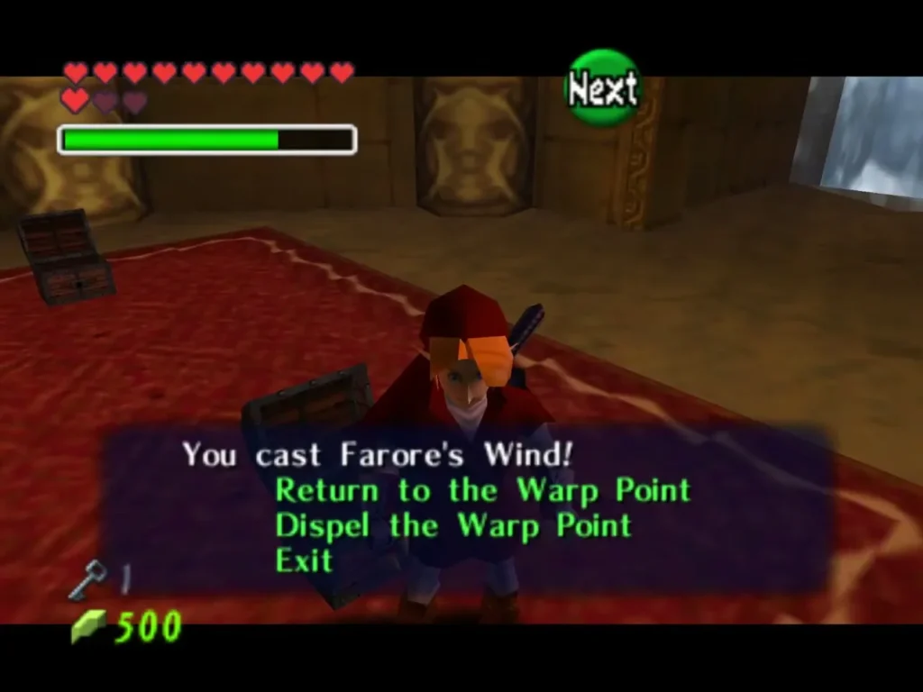 The Farore's Wind prompt offering Return to the Warp Point, Dispel or Exit The Farore's Wind prompt offering Return to the Warp Point, Dispel or Exit
