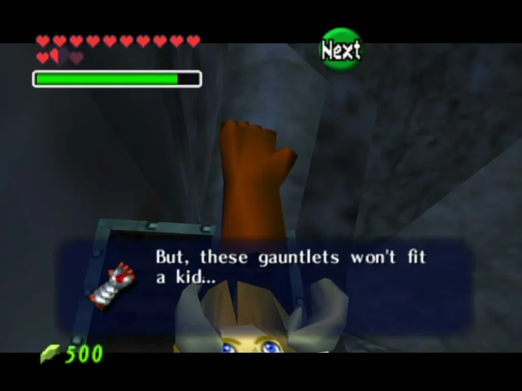 Child Link holding up the Silver Gauntlets, which are too big for a child to wear Child Link holding up the Silver Gauntlets, which are too big for a child to wear