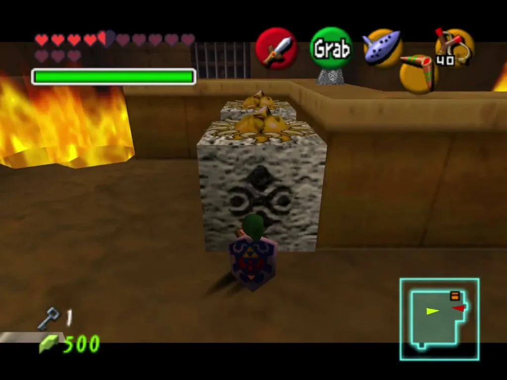 Link grabbing a sun block beside a wall of fire Link grabbing a sun block beside a wall of fire