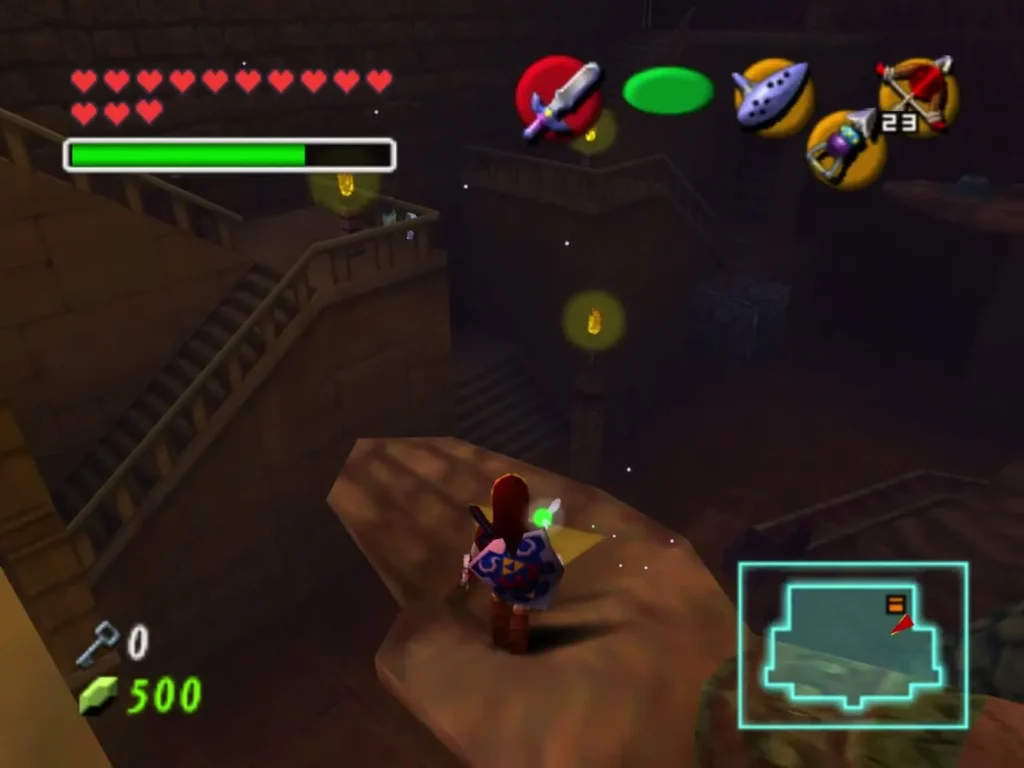 Adult Link on a stone ledge by the statue stairs in the Spirit Temple's great hall Adult Link on a stone ledge by the statue stairs in the Spirit Temple's great hall