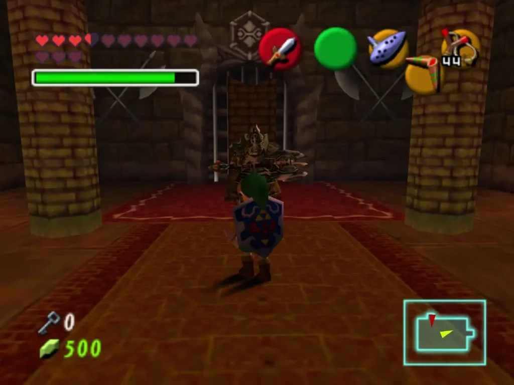 Link on the red carpet with an Iron Knuckle standing behind the iron gate Link on the red carpet with an Iron Knuckle standing behind the iron gate