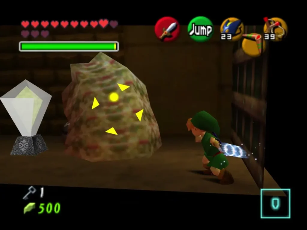 Link jump attacking a Like Like beside the crystal switch Link jump attacking a Like Like beside the crystal switch