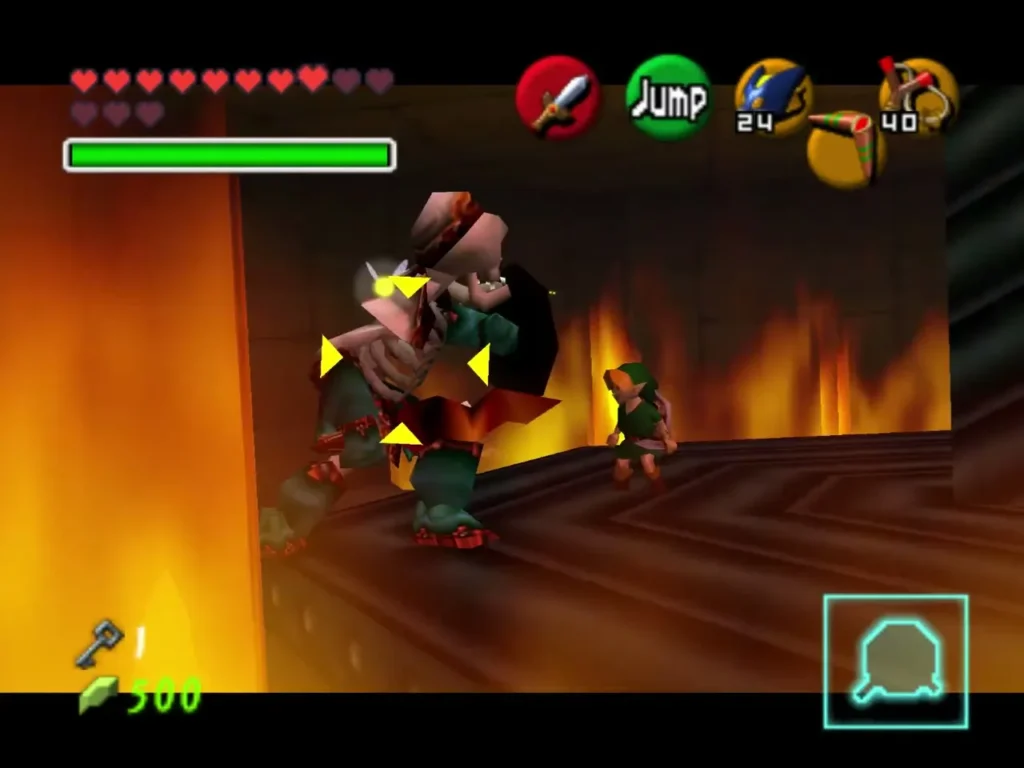Link jump attacking a Stalfos on the fire ring platform Link jump attacking a Stalfos on the fire ring platform