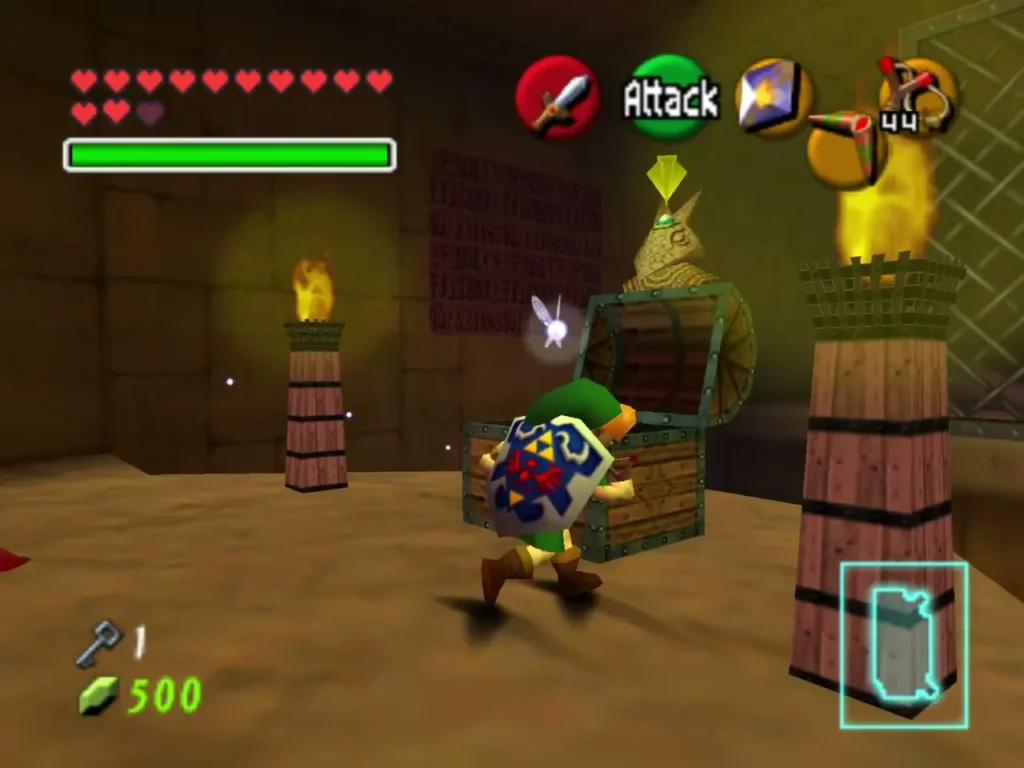 Link facing the Anubis statue beside a chest in the fire room Link facing the Anubis statue beside a chest in the fire room